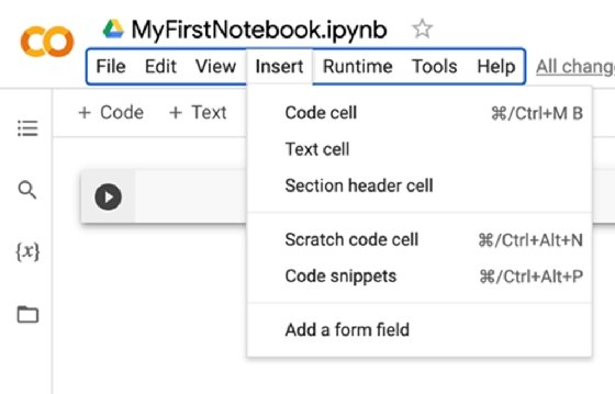 The 'Insert' tab has been selected, and the drop-down displays the options to include 'Code cell,' 'Text cell' and 'Section header cell.'